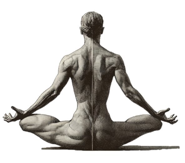 Anatomical illustration of male figure in padmasana meditation pose viewed from the back, showing muscular detail